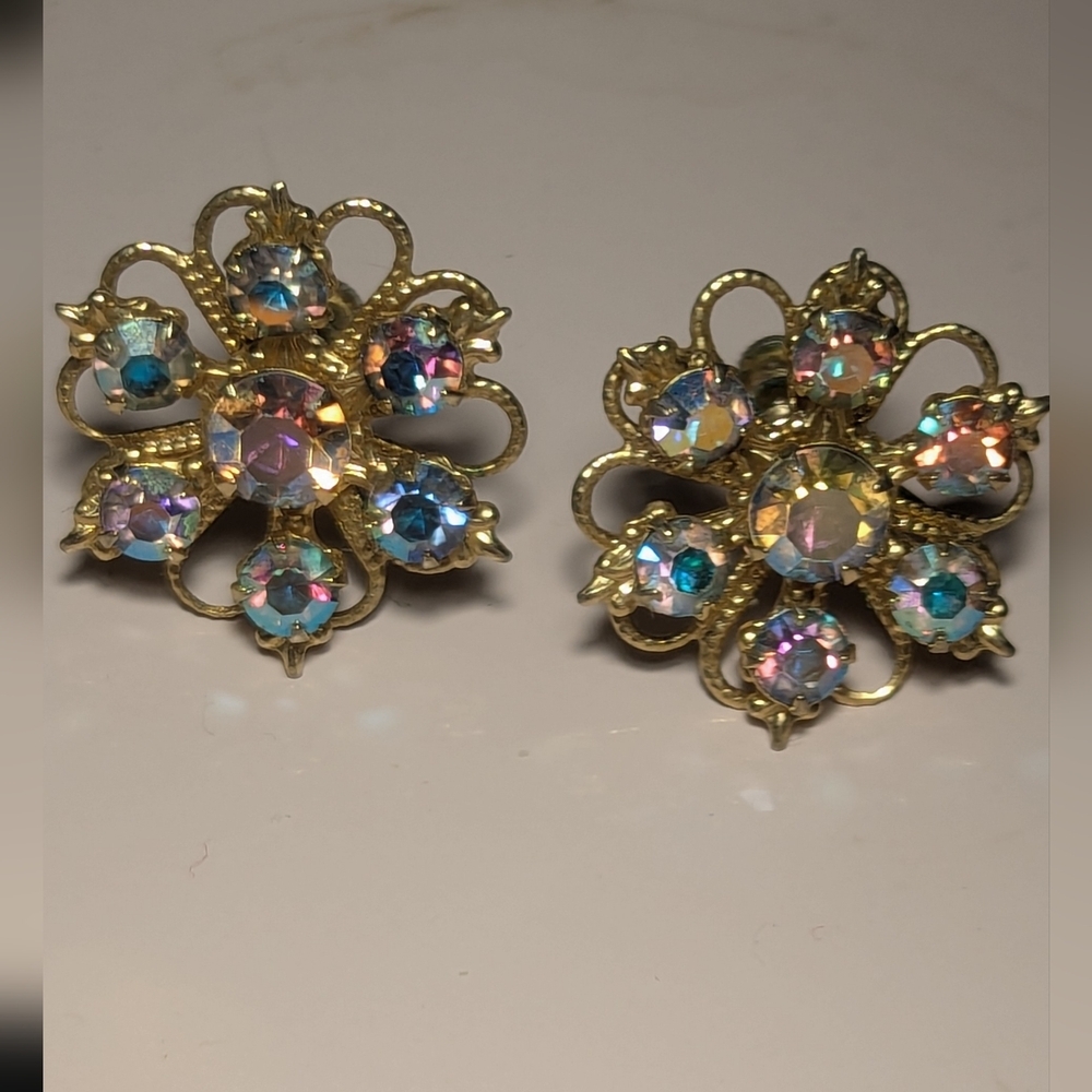 🫧 Aurora Borealis Earrings Atomic Starbursts Goldtone Floral AB Crystal Vintage